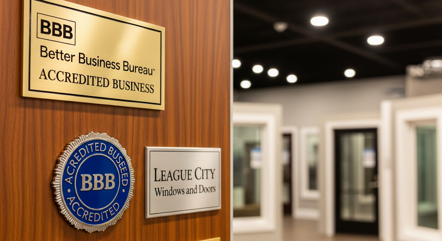BBB Better Business Bureau accreditation plaque or badge displayed prominently in a professional home services showro...