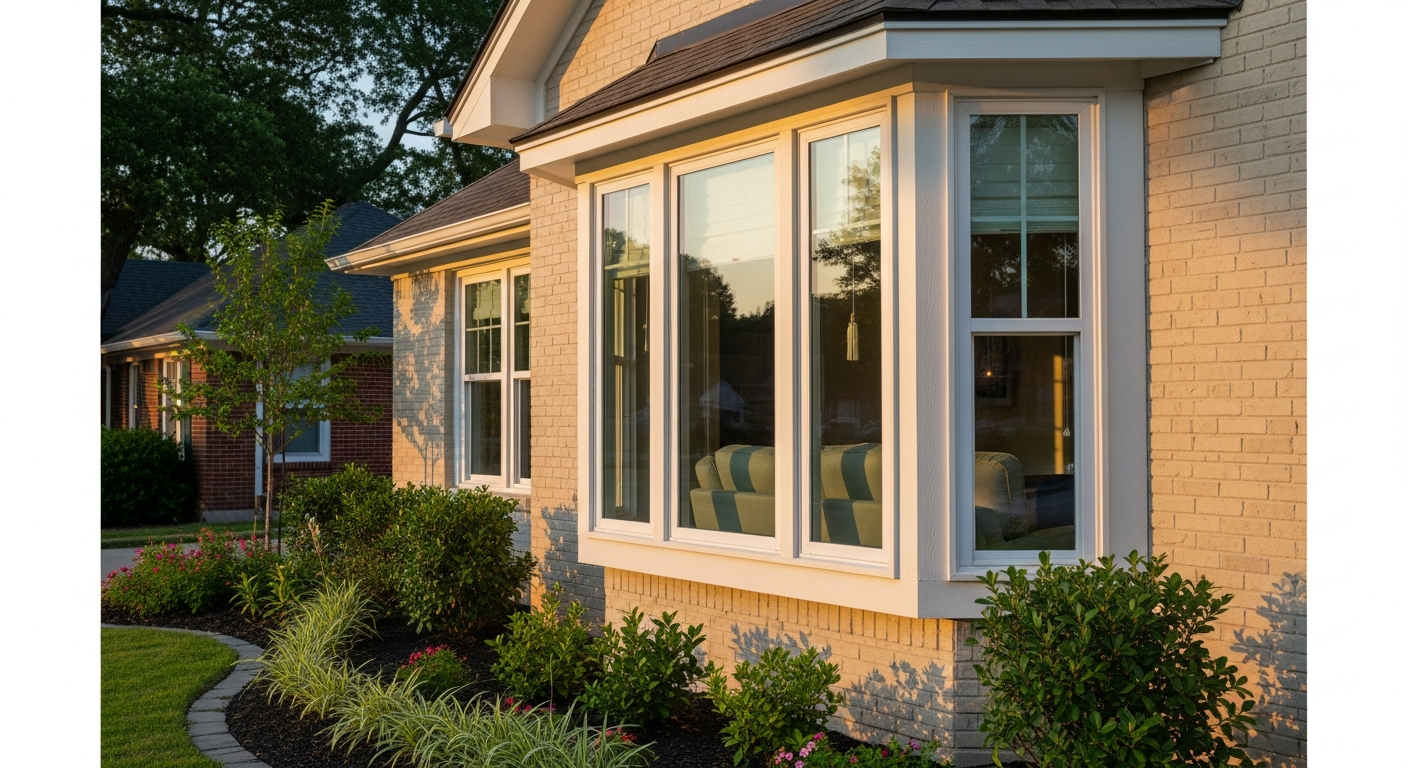 Beautiful bay window installed on the exterior of a classic League City Texas home, three-panel angled window project...