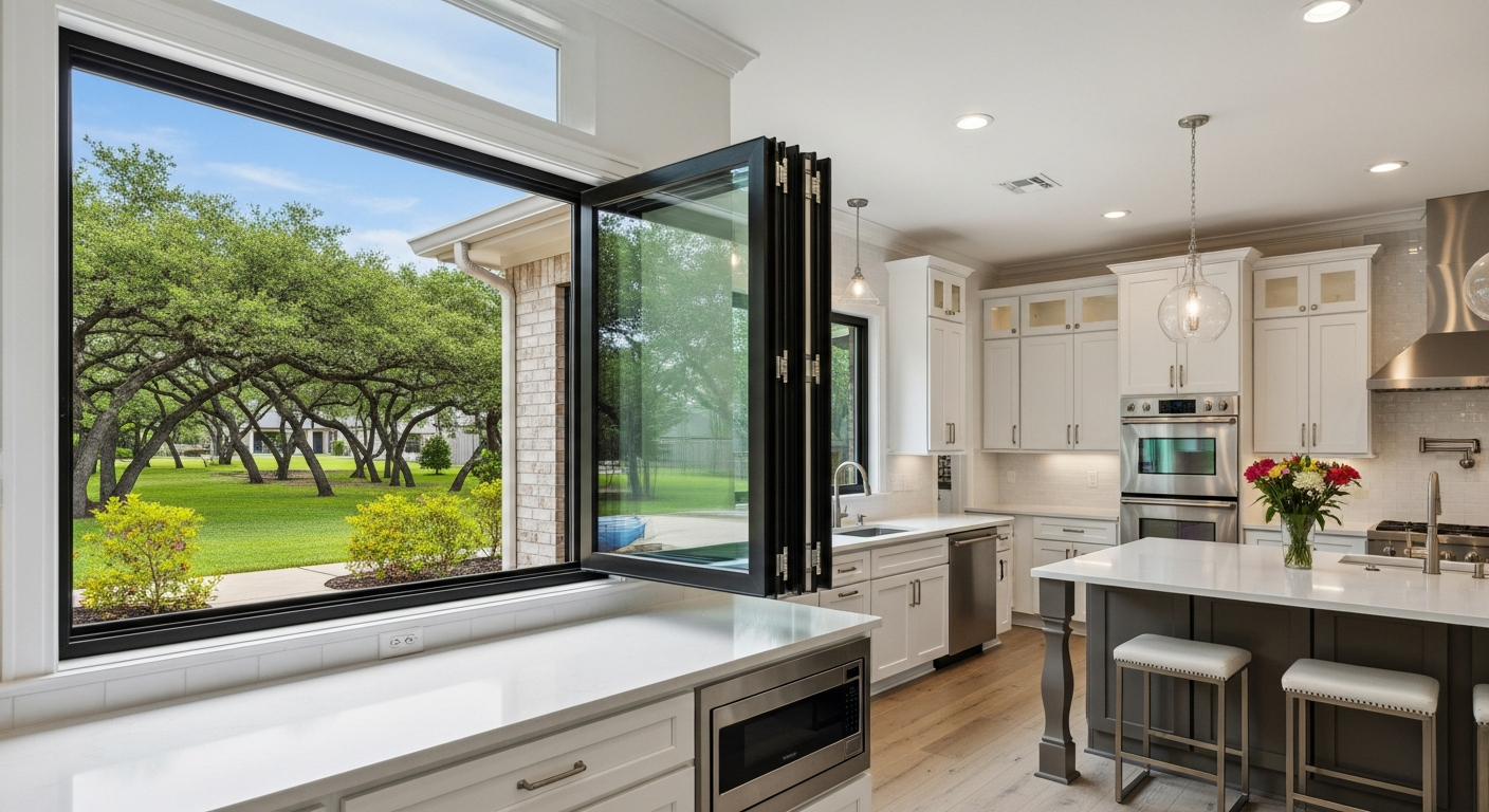 A beautiful casement window installed in a modern League City Texas home, swinging outward on a side hinge, showing u...