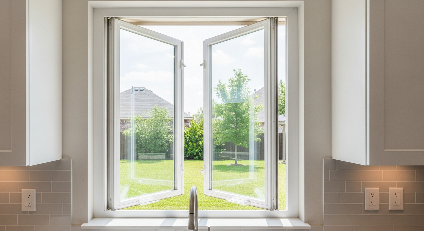 A beautiful casement window installed in a modern League City Texas home, swinging outward on a side hinge, showing lush g...
