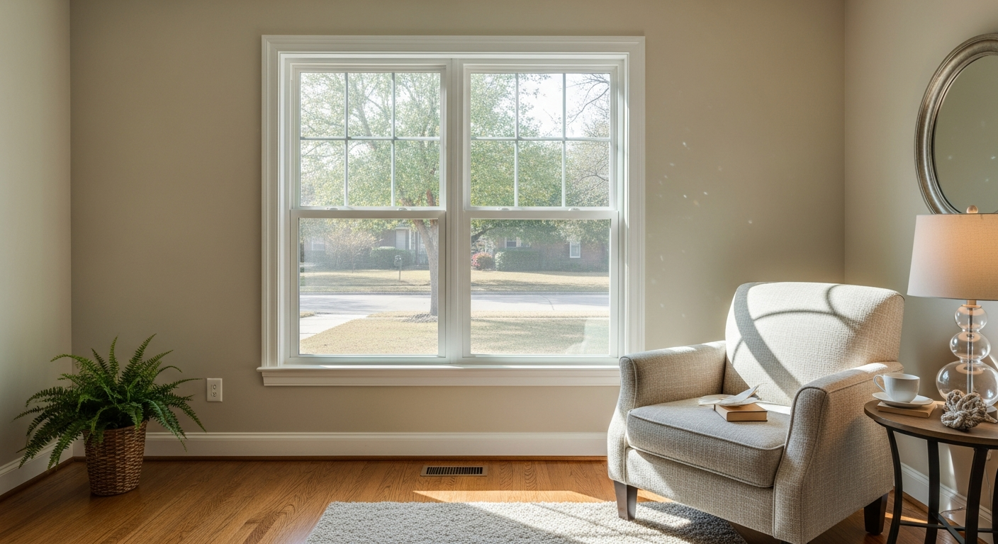 Beautiful double hung window installed in a classic League City Texas home interior, showing both top and bottom sash...