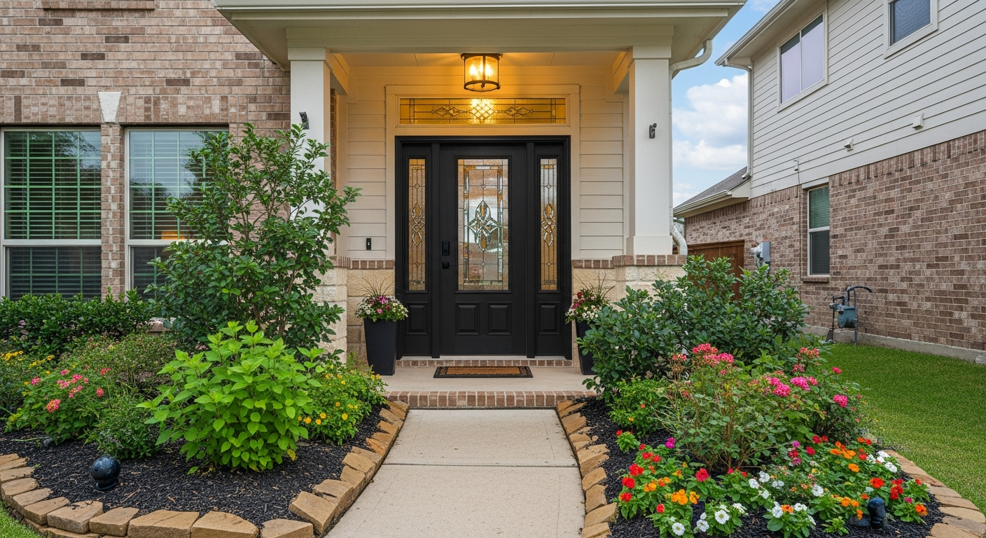 A beautiful residential entry door replacement in League City Texas, showing an elegant fiberglass or steel front door wit...
