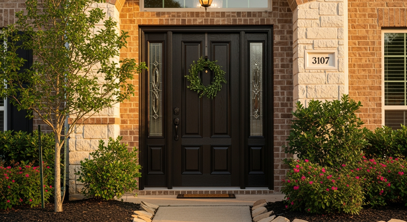 Beautiful residential front entry door replacement in League City Texas, fiberglass or steel exterior door with sidelights...