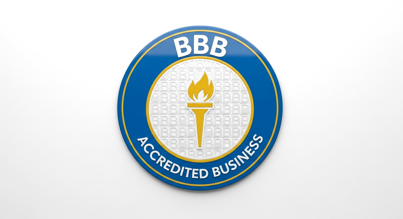 Better Business Bureau BBB accredited business badge, clean professional seal on white background