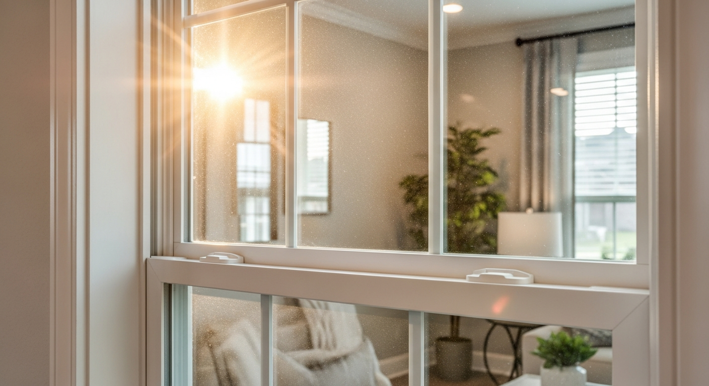 Close-up of a beautiful energy-efficient double-hung window installed in a modern League City Texas home interior, wa...