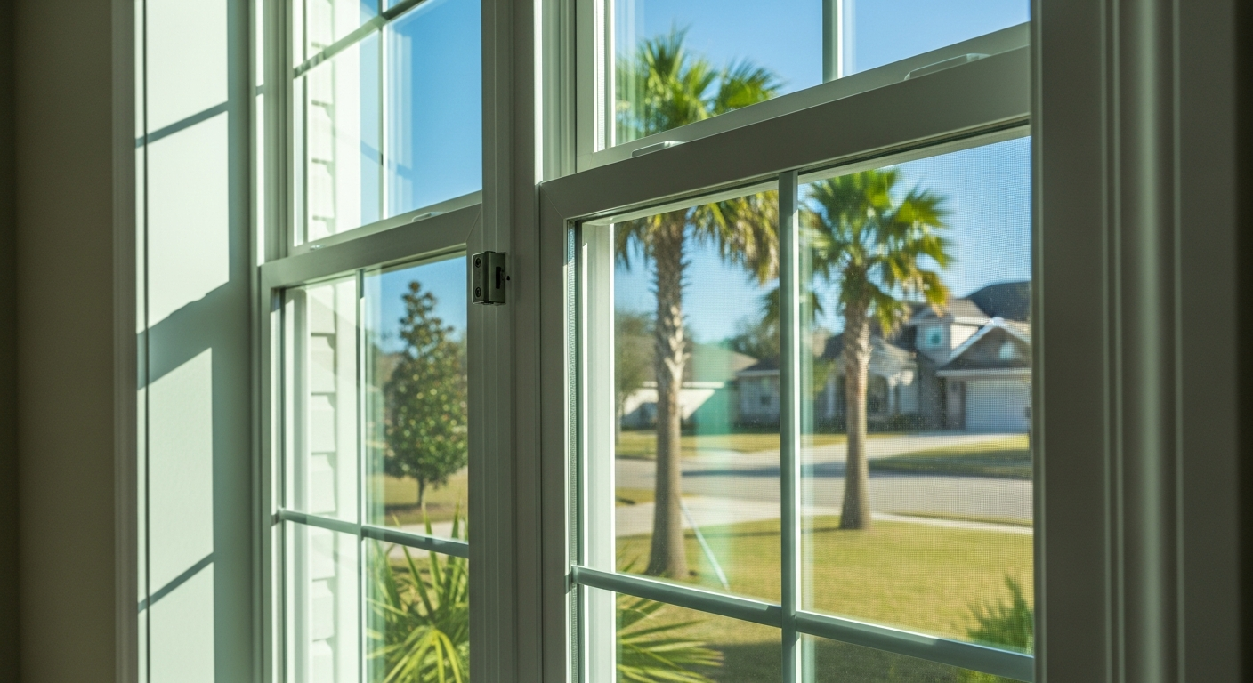 Close-up of a beautiful vinyl replacement window installed in a suburban home in League City Texas, double-hung style with...
