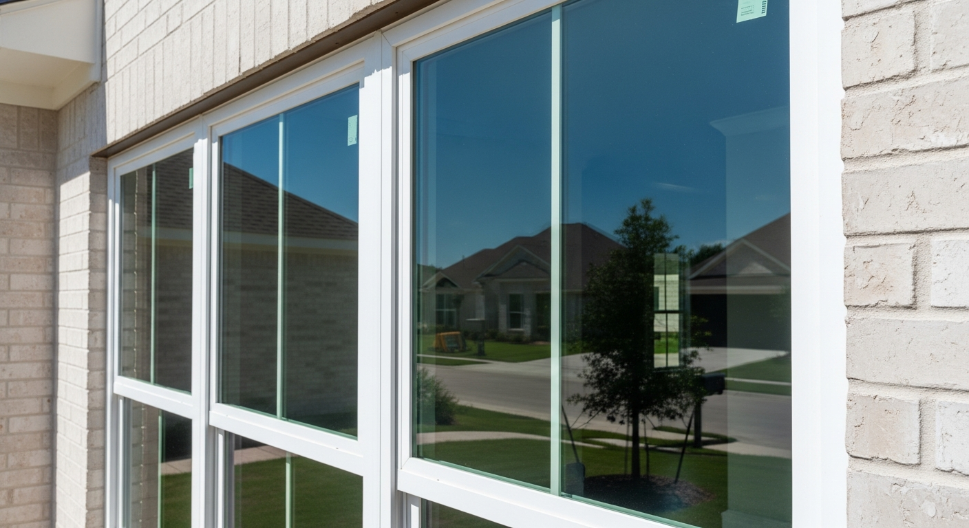 Close-up of beautiful white vinyl double-hung replacement windows installed on a modern home exterior in League City Texas...
