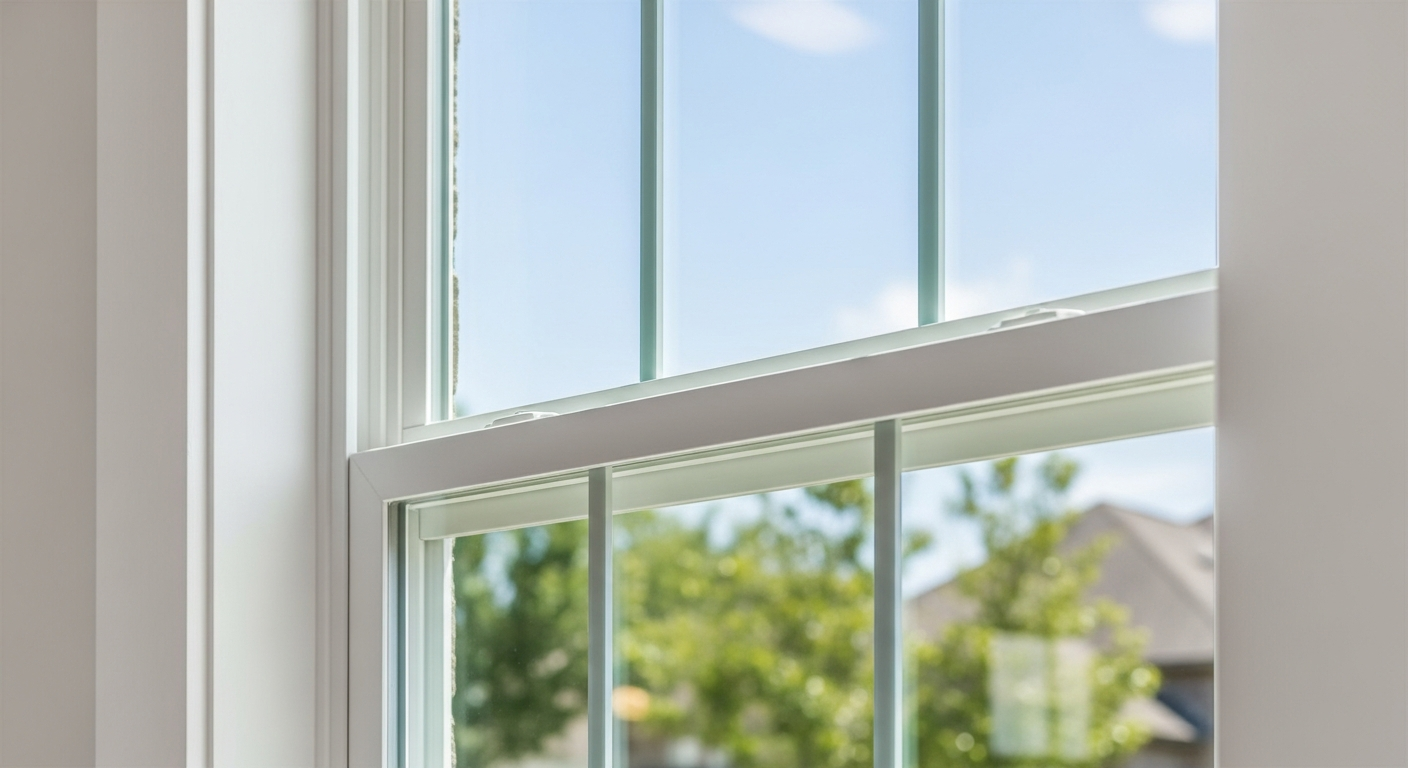 Close-up of a beautiful white vinyl double-hung window installed in a modern home in League City Texas, showcasing clean l...