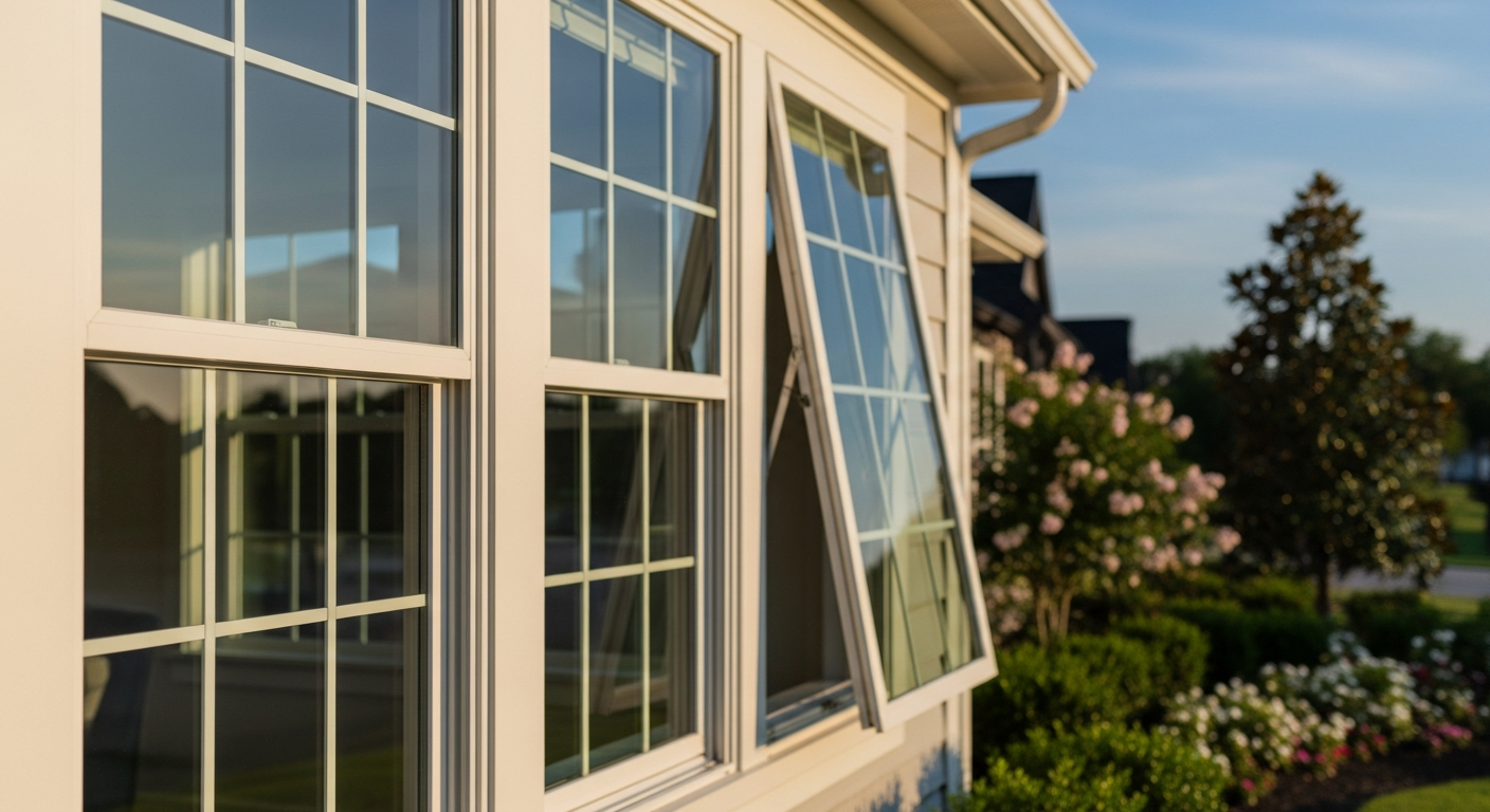Close-up of elegant white double hung windows on a modern suburban home in League City Texas, showing both sashes open for...