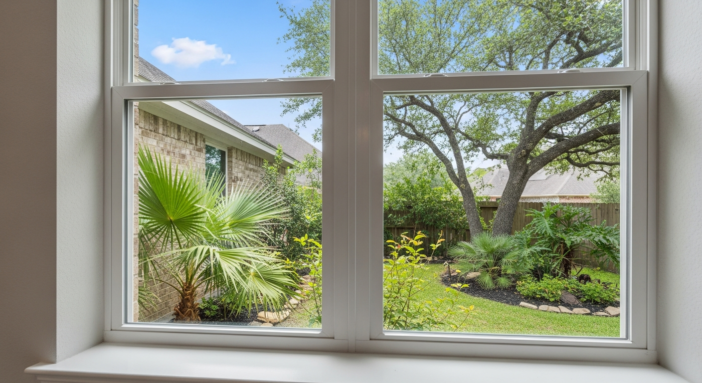 Close-up of energy efficient double-pane window with Low-E glass coating installed in a modern League City Texas home, sho...