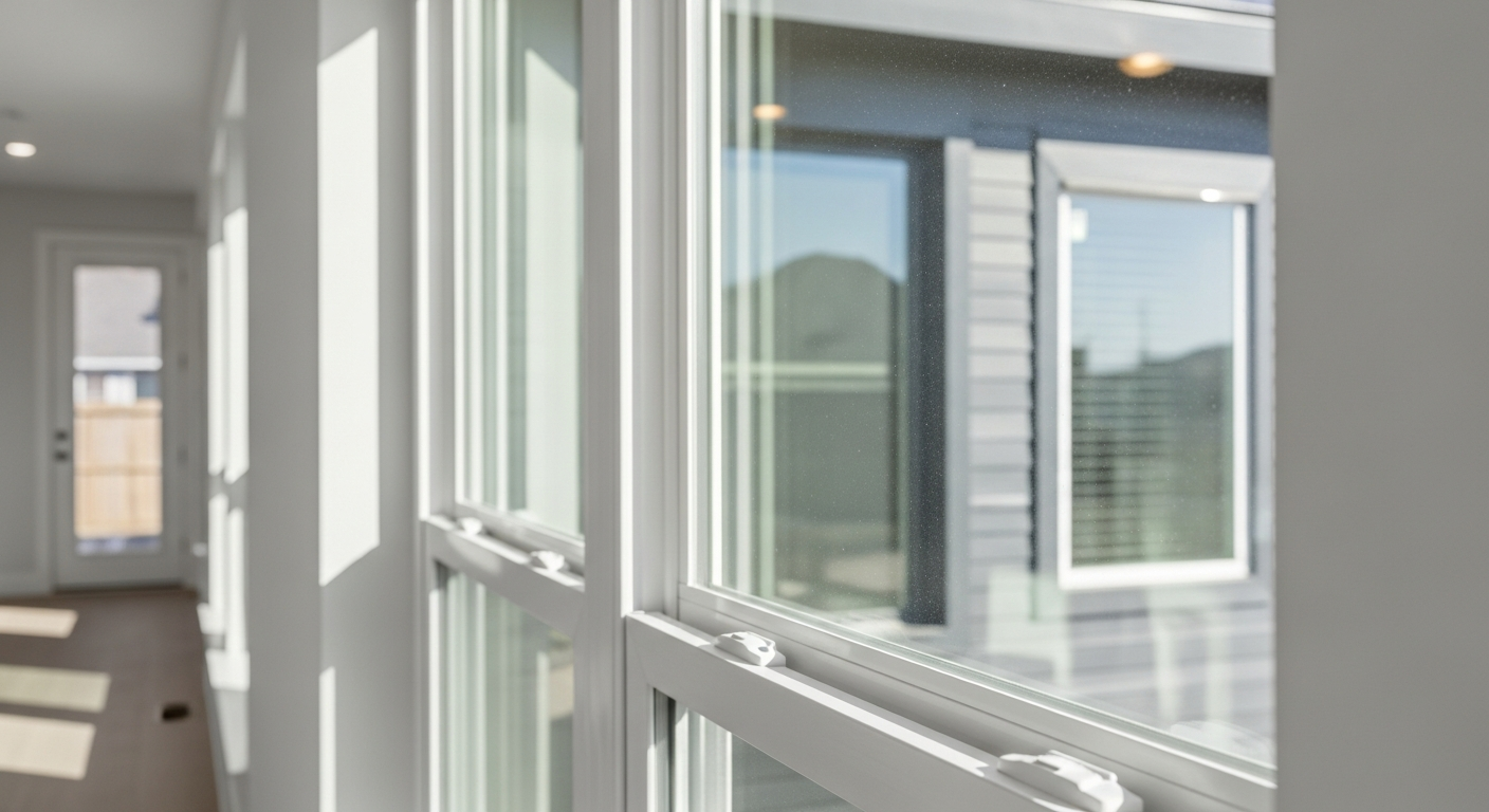 Close-up of energy efficient double-pane window with Low-E glass coating installed in a modern Houston area home, showing ...