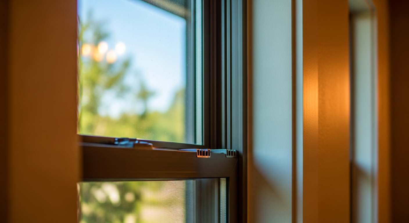 Close-up of energy-efficient double-pane window with Low-E glass coating installed in a modern Houston-area home, showing ...
