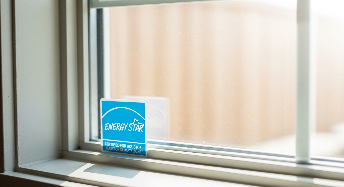 Close-up of an Energy Star certified window label affixed to a high-performance double-pane window frame installed in...