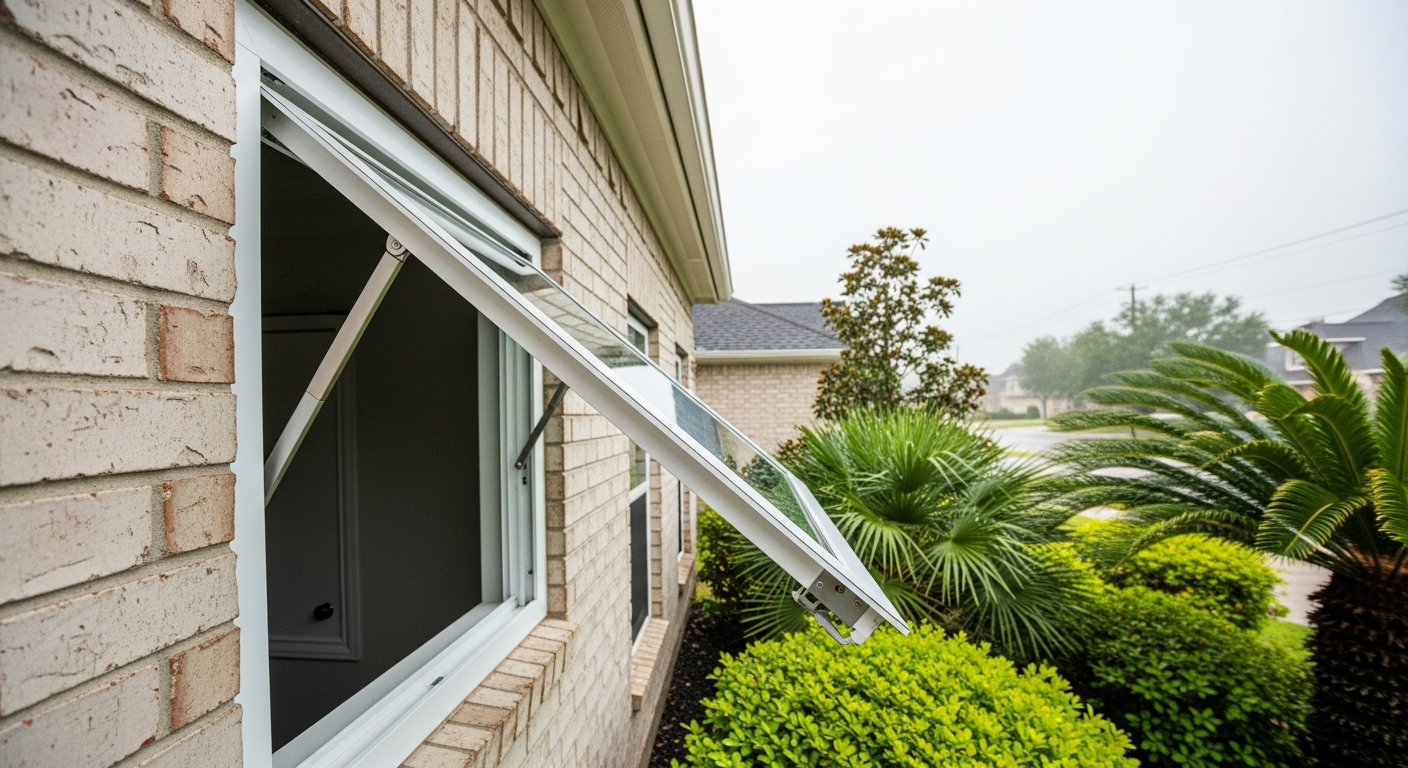 Close-up exterior view of a white vinyl awning window installed on a suburban home in League City Texas, window hinge...