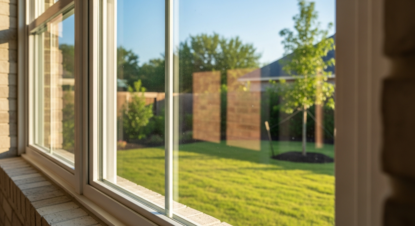 Close-up of a modern energy efficient window installation on a suburban home in League City Texas, showing Low-E double-pane glass