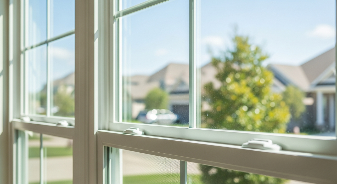 Close-up of a newly installed white vinyl double-hung replacement window on a suburban home in League City Texas, bri...