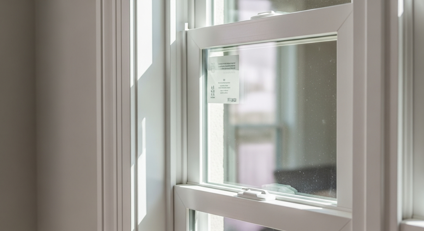 Close-up of a premium vinyl window frame installed in a beautiful League City Houston home, showing crisp clean lines, dur...