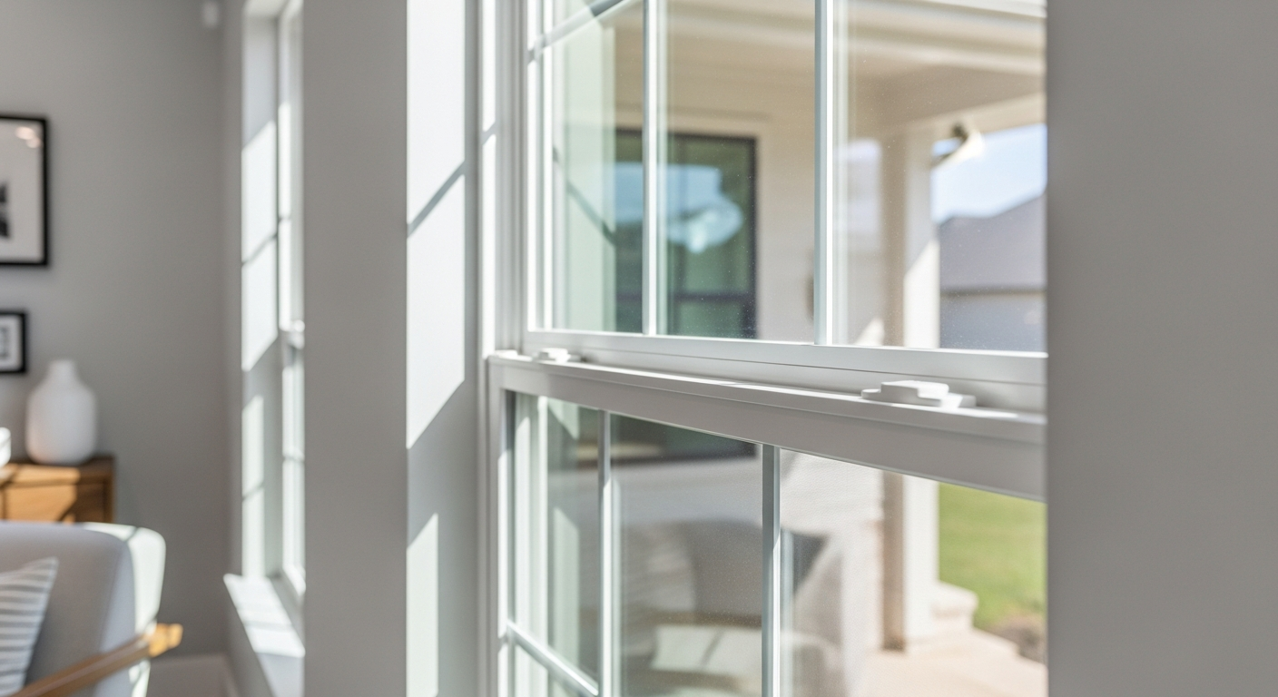 Close-up professional photo of a double hung window installed in a beautiful League City Texas home interior, showing both...