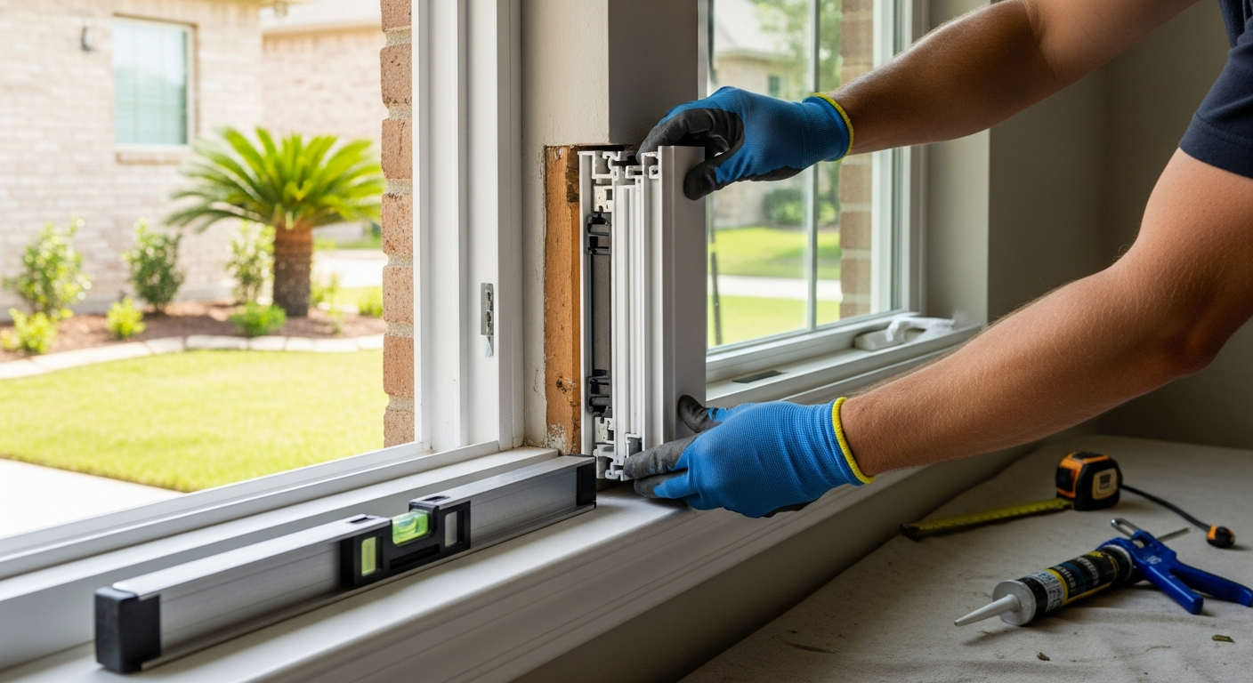 Close-up of a professional window installer fitting a high-performance vinyl window frame in a beautiful League City ...
