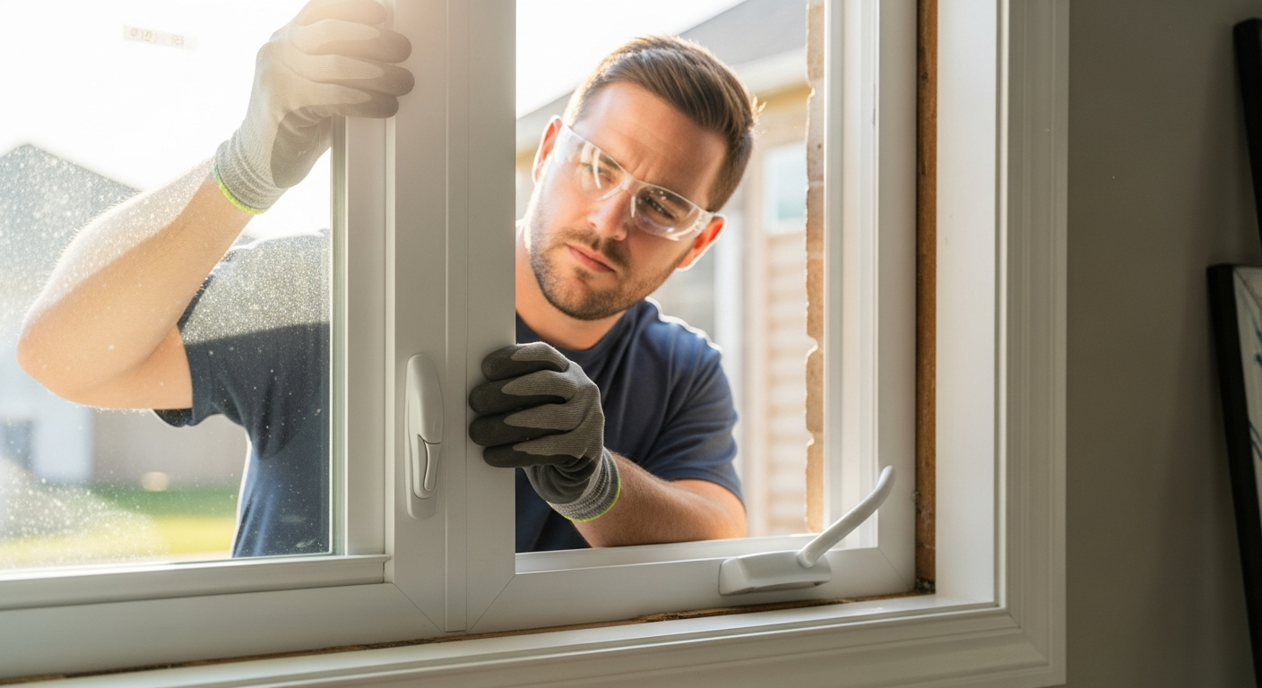 Close-up of a professional window installer fitting a premium double-pane vinyl replacement window in a modern League...