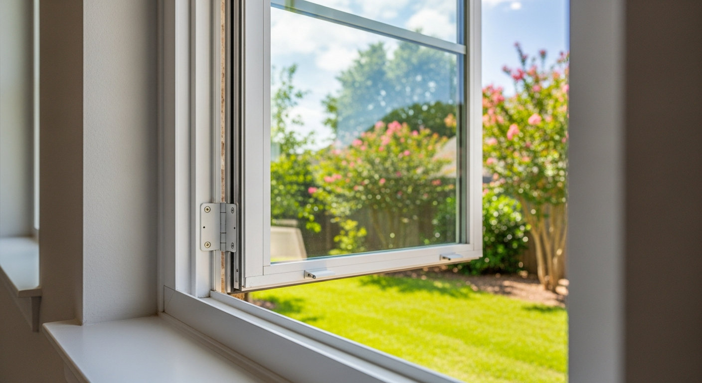Close-up of a white casement window swinging outward on a side hinge in a modern Houston-area home in League City Texas, s...