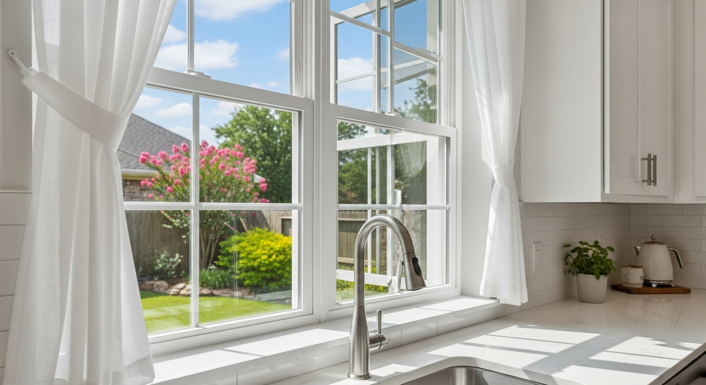 Close-up of a white casement window swinging outward on a side hinge in a modern League City Texas home kitchen, showing t...