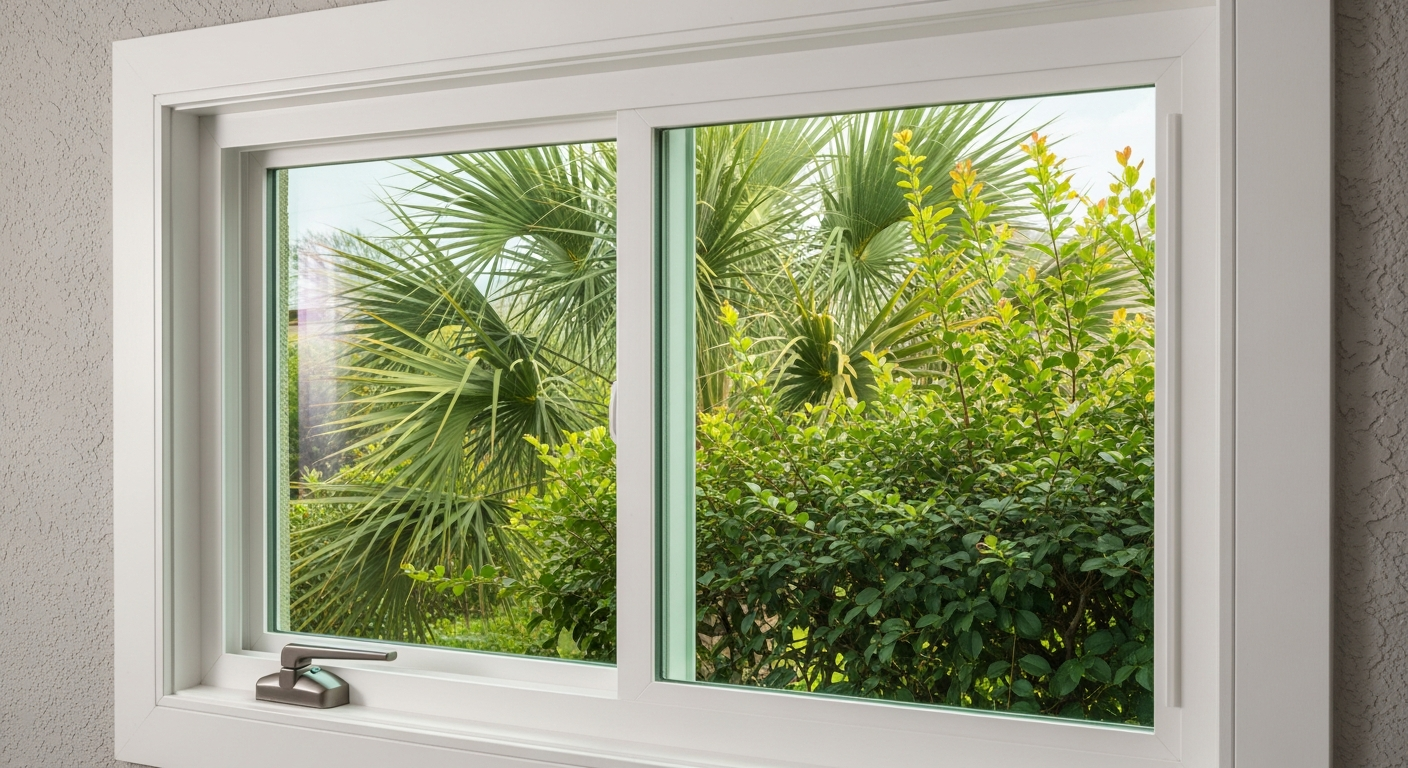 Close-up of a white vinyl awning window installed in a home in League City Texas, hinged at the top and open outward, show...