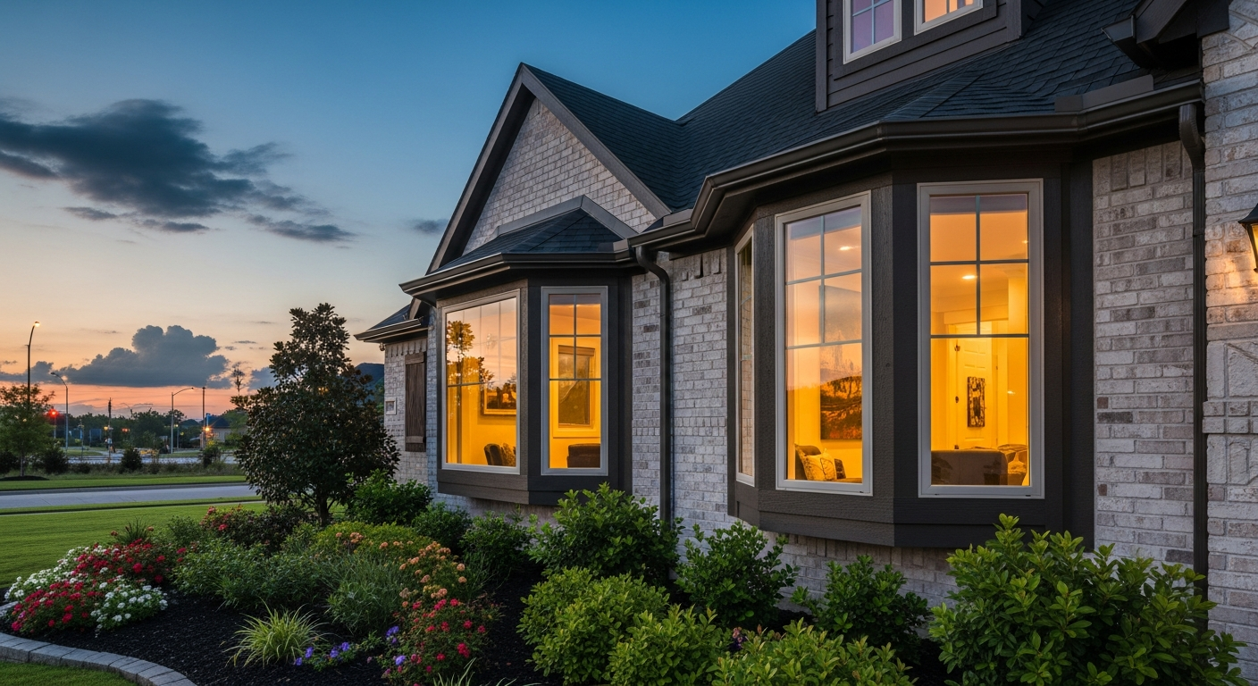 Elegant bay window installation on a beautiful League City Texas home exterior, three angled window panels projecting outward