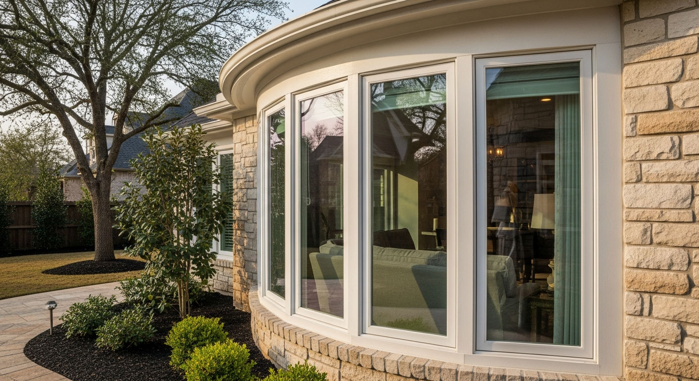Elegant bow window on a beautiful League City Texas home, four curved casement panels forming a graceful rounded projection