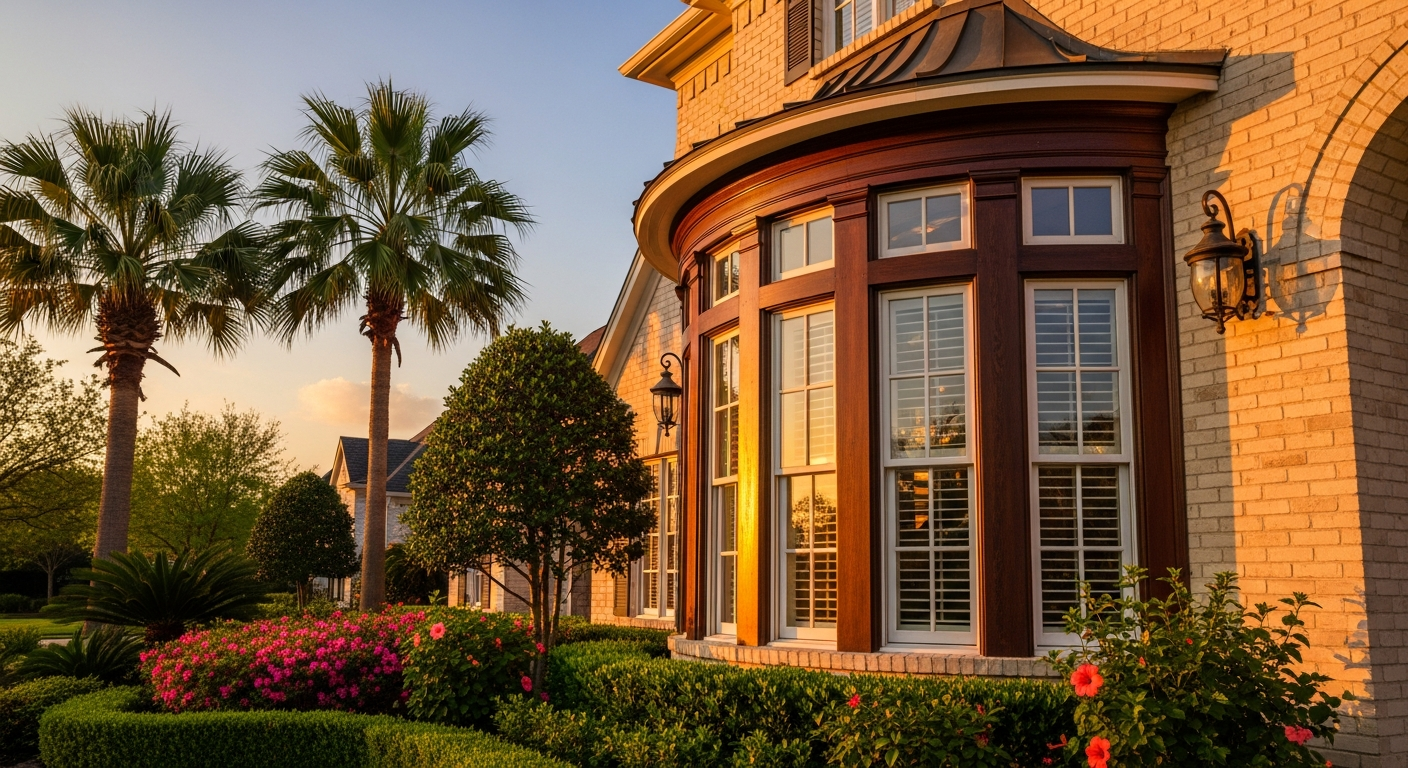 Elegant bow window on a beautiful suburban home exterior in League City Texas, showing the curved multi-panel projection