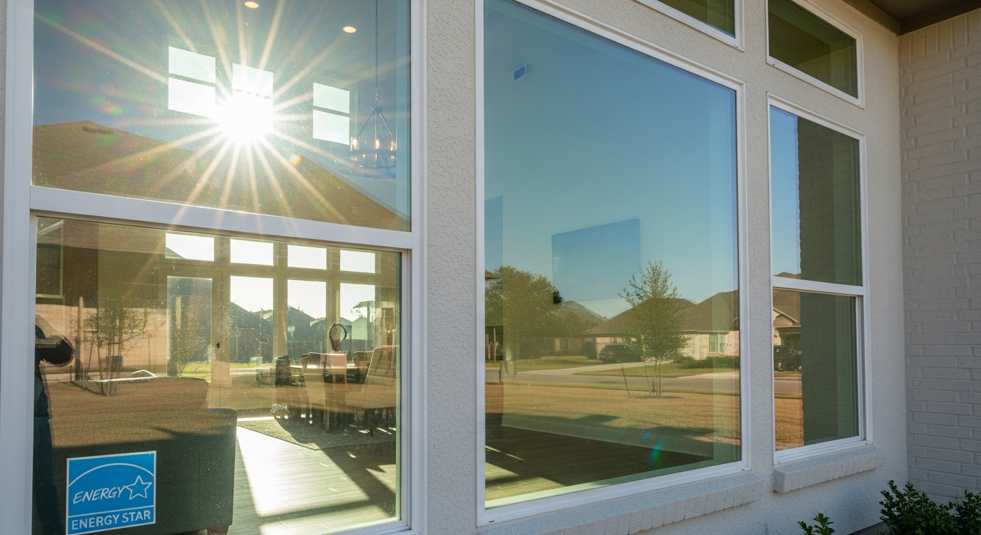 Energy Star certified windows installed in a modern Houston-area home in League City Texas, showing a bright clean window ...