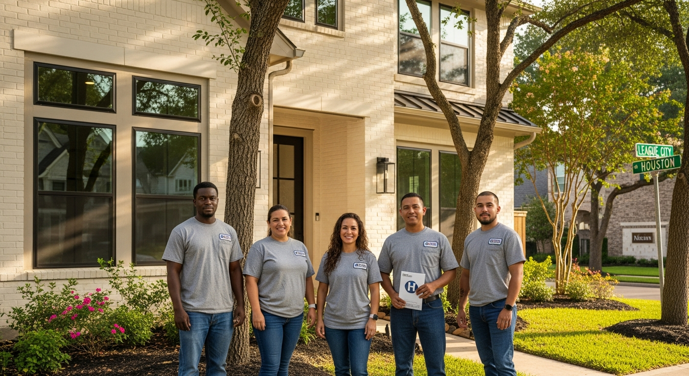 Family-owned window and door company team in League City Texas, professional contractors standing in front of a beautiful ...