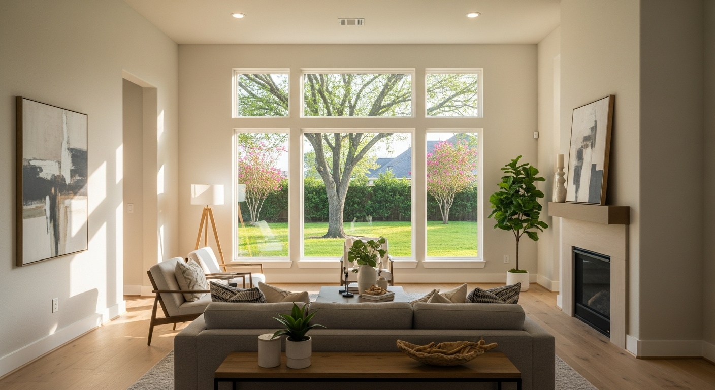 Interior of a beautiful League City Texas home featuring a large picture window with panoramic view of a lush green backya...