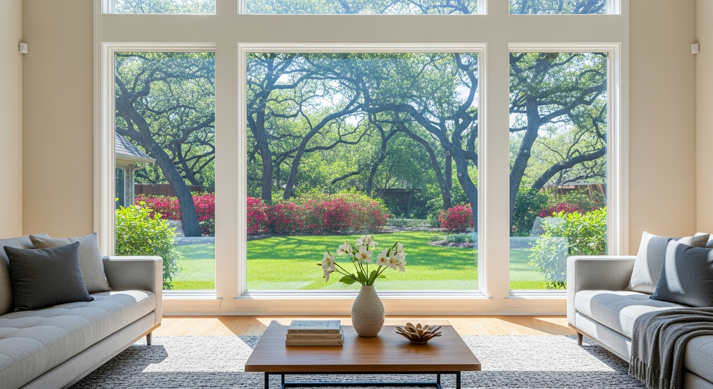 Large picture window installed in a modern League City Texas living room, floor-to-ceiling fixed glass pane framing a lush...