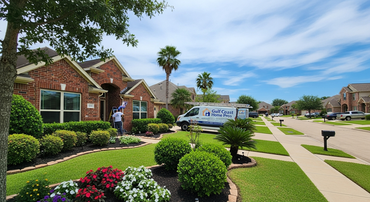 League City Texas neighborhood home with new windows and doors installed, Gulf Coast suburban street, lush green landscaping