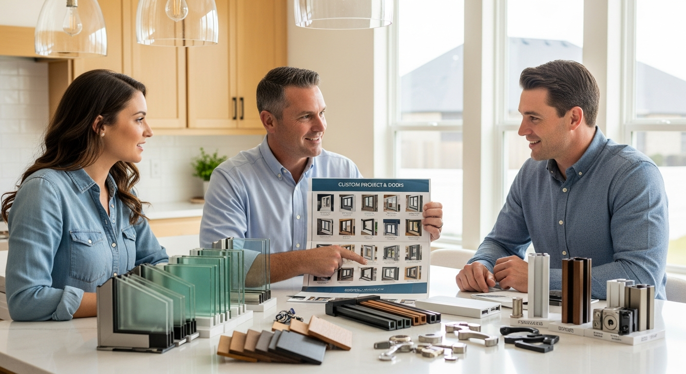A League City Windows and Doors consultant sitting at a kitchen table with a homeowner couple, reviewing window and door solutions