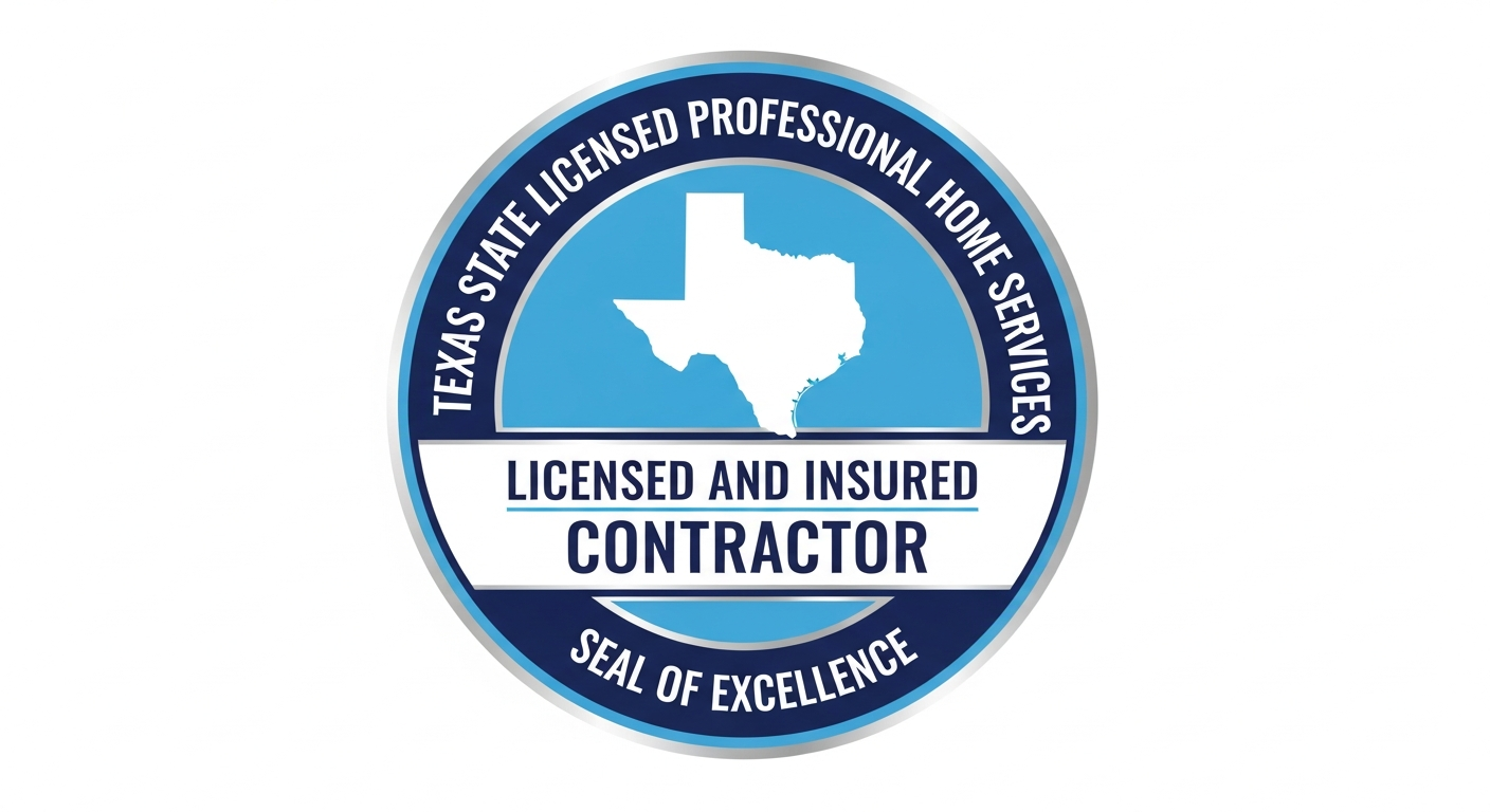 Licensed and insured contractor badge seal, Texas state licensed professional home services, clean badge design on white
