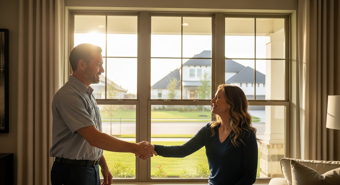 A licensed window and door installation professional shaking hands with a happy homeowner in front of a beautiful new...