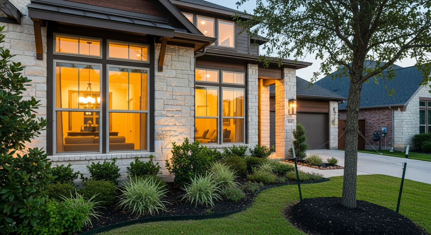 Premium energy-efficient replacement windows installed in a beautiful modern home in League City Texas, showing double-pan...