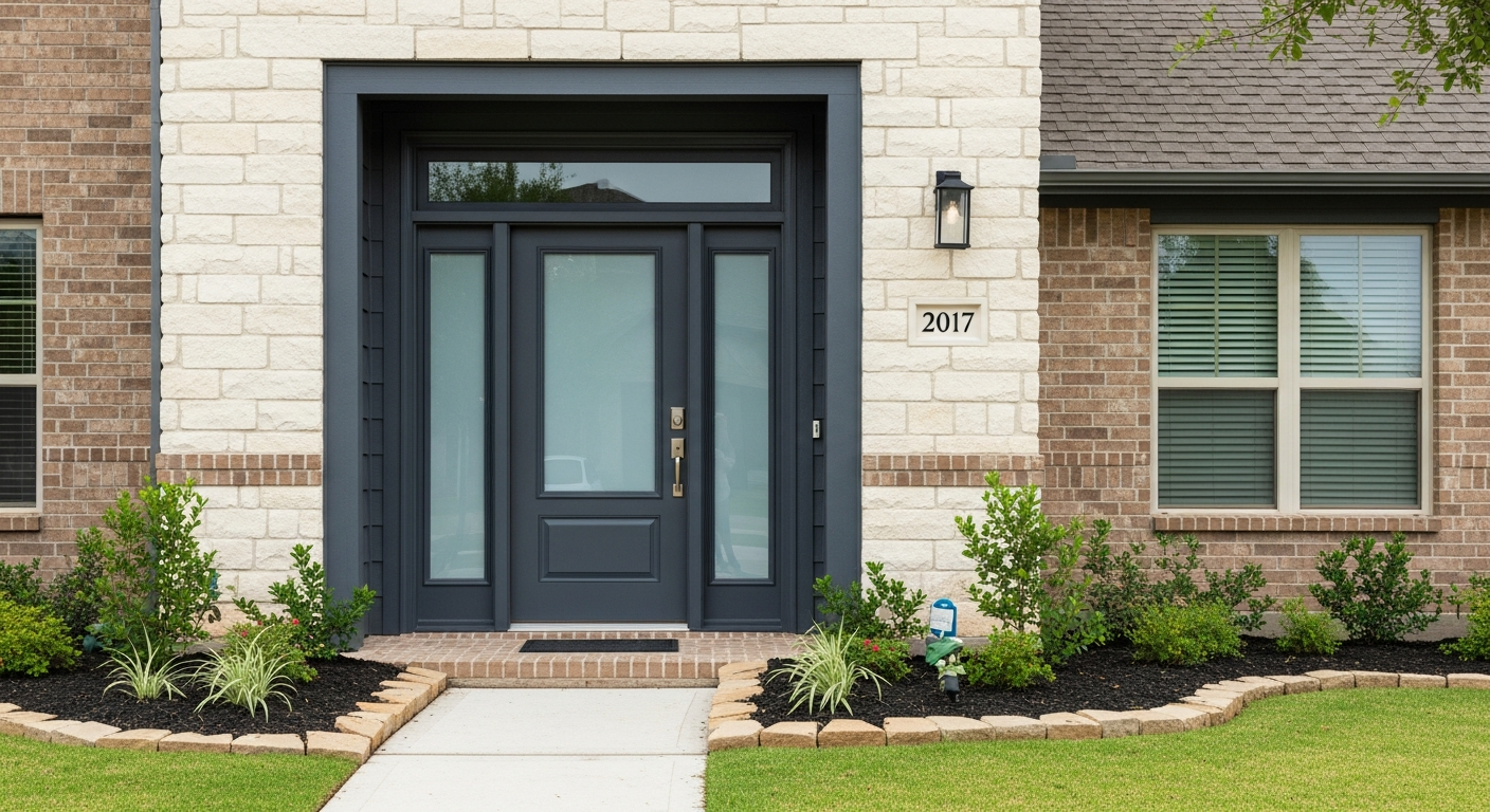 Premium residential front entry door replacement in League City Texas, beautiful steel or fiberglass door installed on a modern home