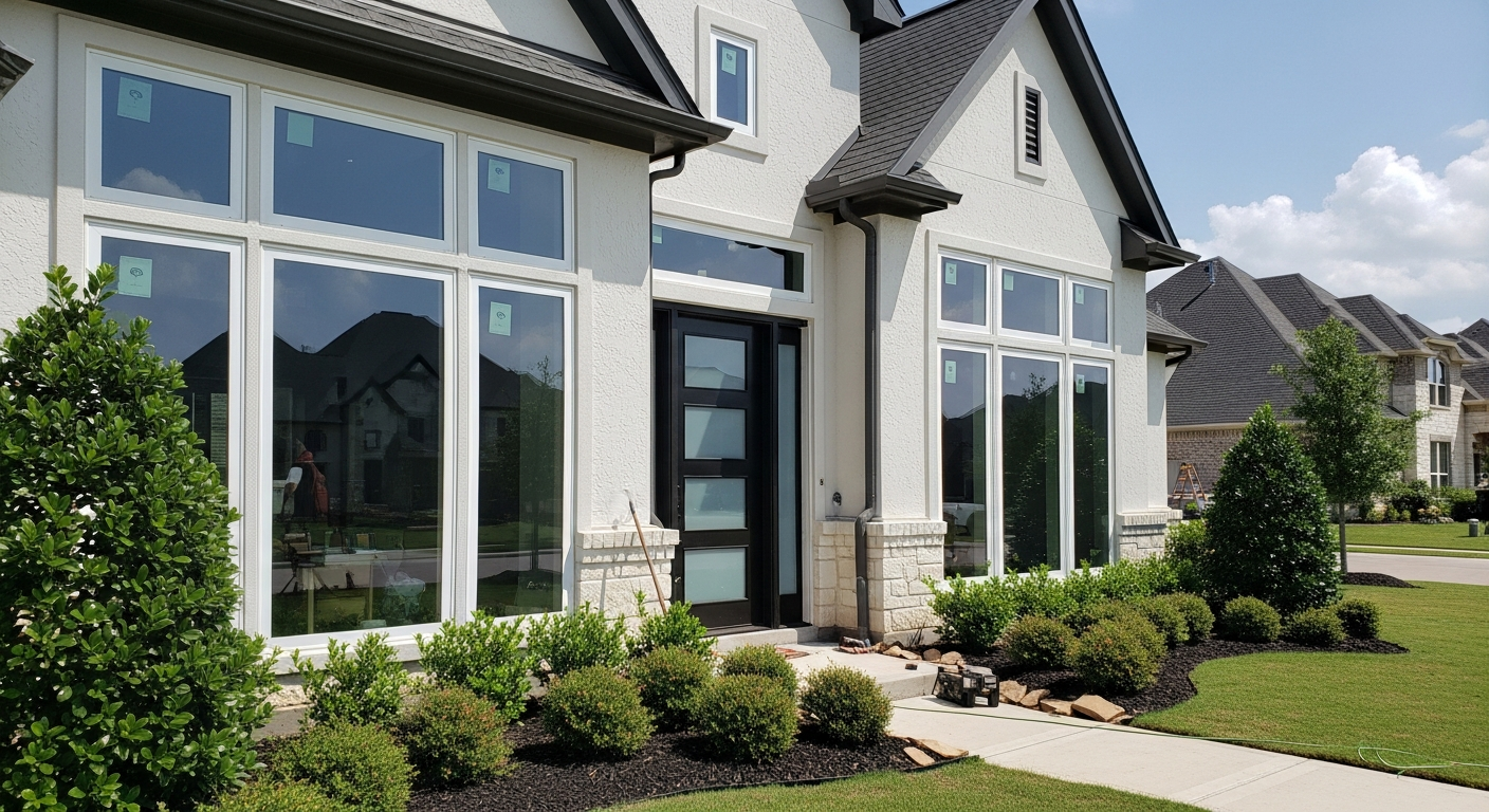 Professional window and door installation on a beautiful modern home in League City Texas, exterior shot showing large ene...