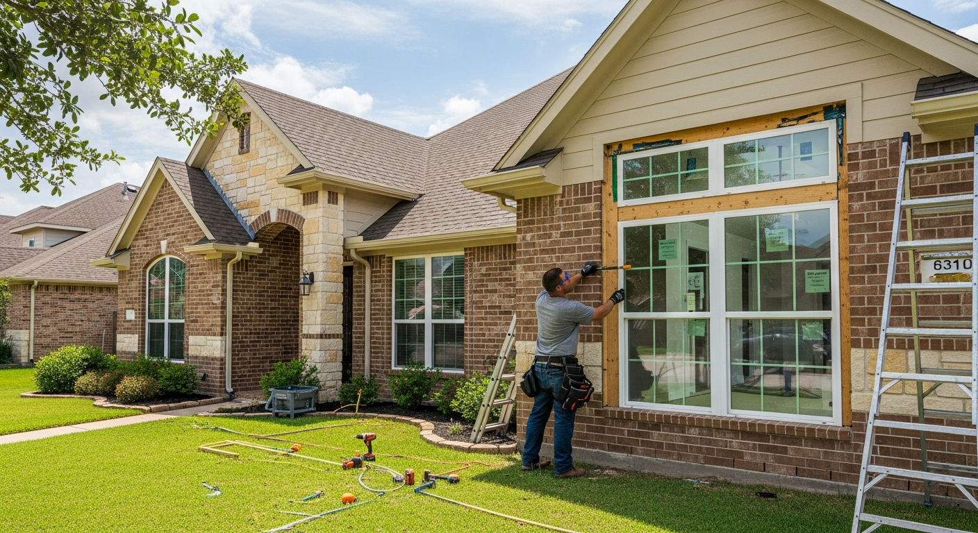 Professional window and door installation in progress on a beautiful suburban home in League City Texas, showing a contrac...