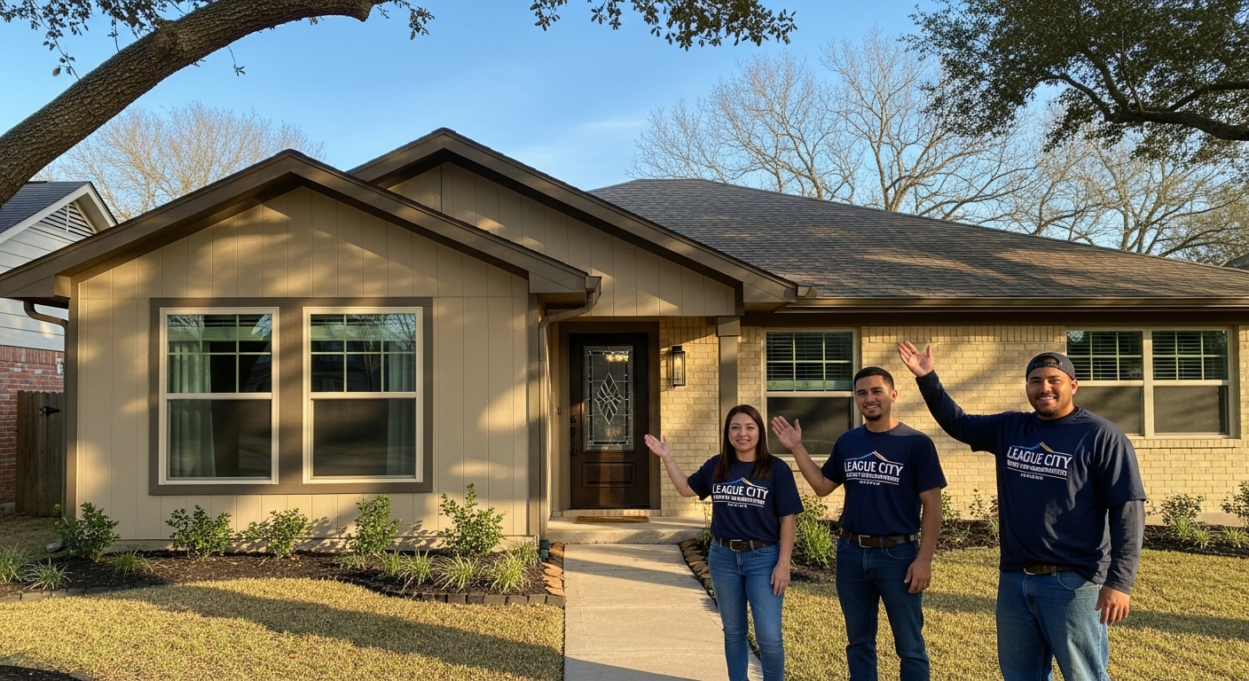 Professional window and door installation team from League City Window Replacement and Doors standing in front of a beauti...