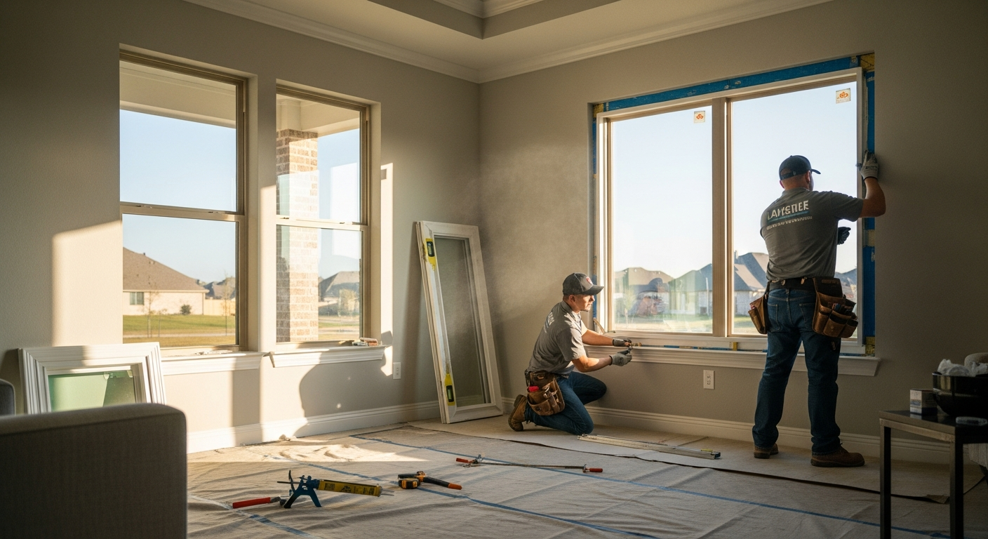 Professional window installation in a modern League City Texas suburban home, showing a variety of window frame materials