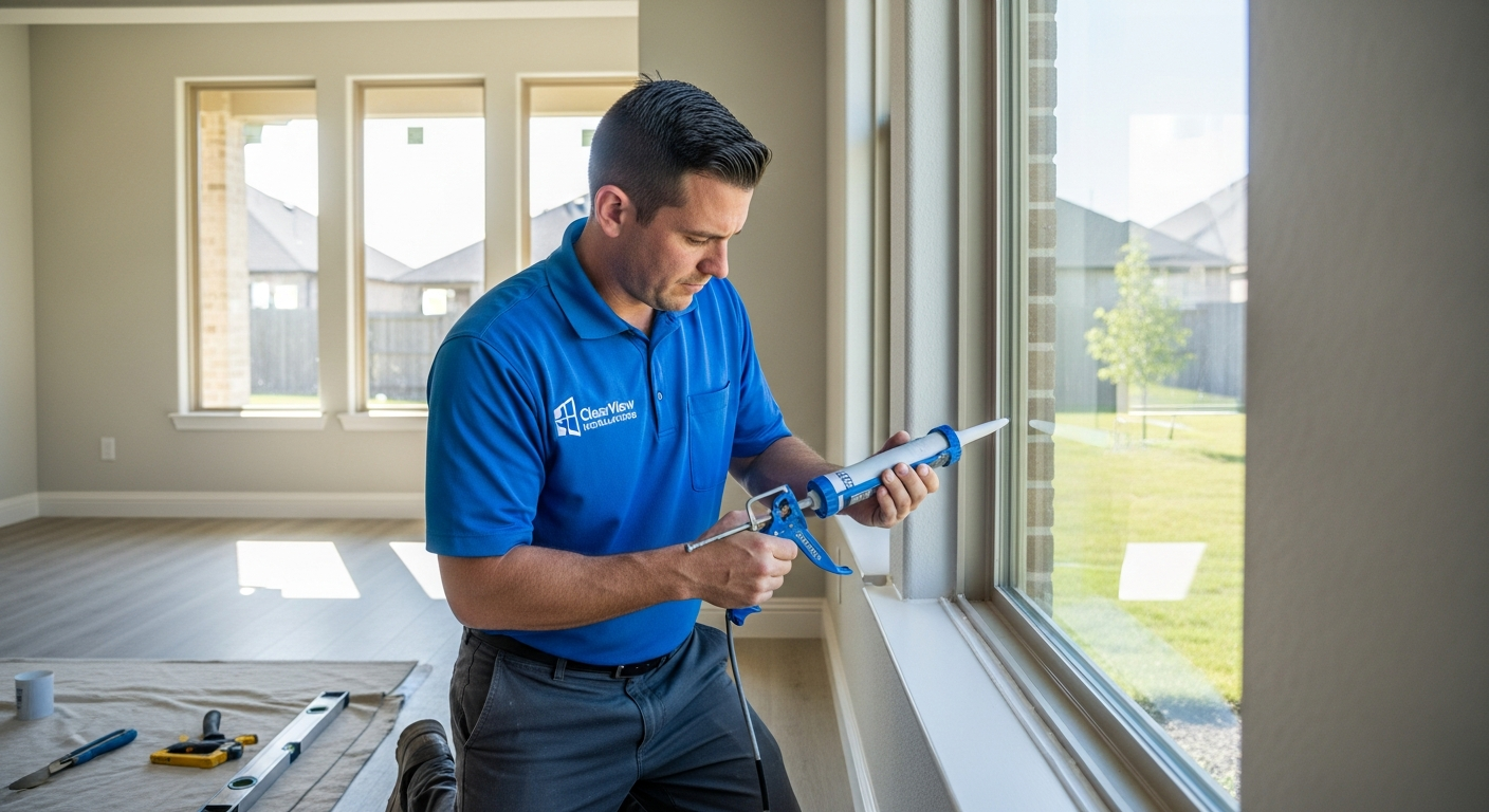 Professional window installer in League City Texas completing a residential window installation, wearing branded uniform