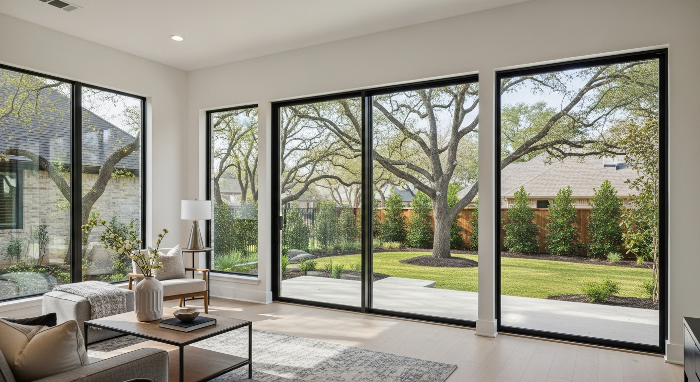 A wide-angle interior view of a modern League City Texas home featuring large sliding windows with aluminum frames, s...