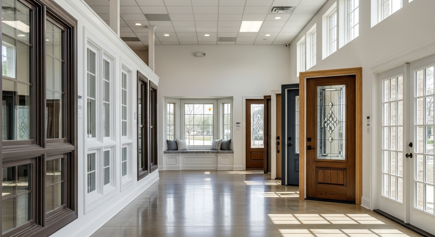 Wide display of premium windows and doors product selection at a League City Texas showroom — showing double-hung win...