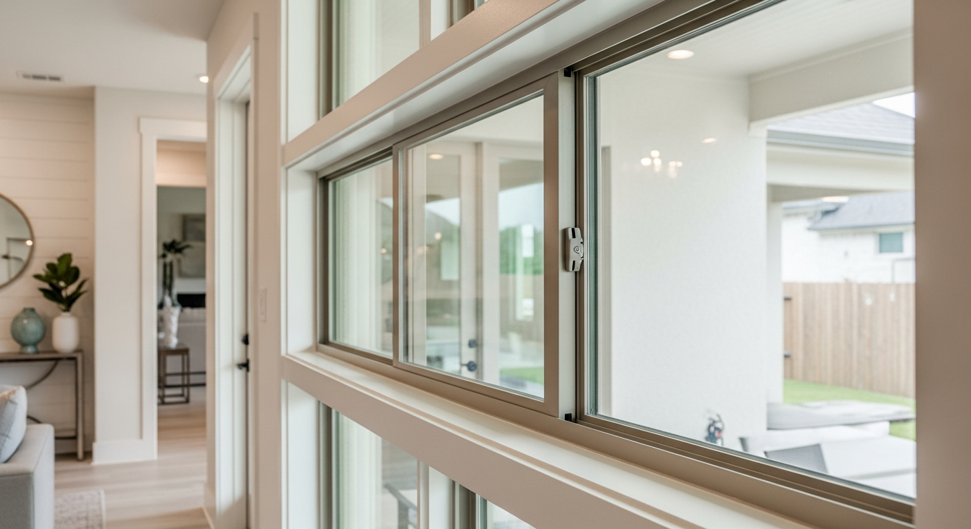 Wide horizontal sliding window installed in a modern League City Texas home, showing the window gliding open on a track